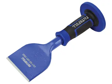 A blue and black hand chisel with a wide, flat metal blade and a rubberized grip handle.