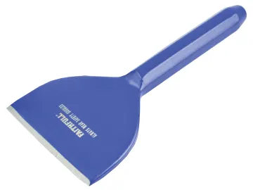 A blue plastic spatula with a white handle.
