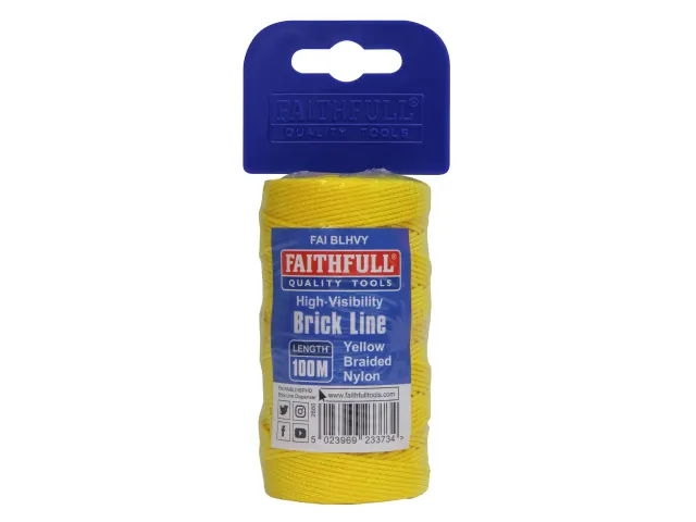 A spool of Faithfull High-Visibility Brick Line, 100 meters long, made of yellow braided nylon, with blue packaging label and a barcode on the front.