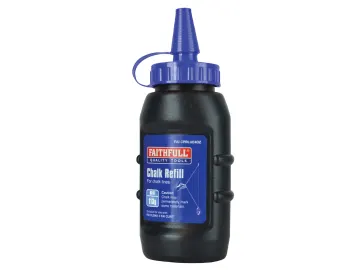 A black plastic bottle of Faithfull brand chalk refill with a blue nozzle cap, labeled for use with chalk lines. The label features product details and instructions.