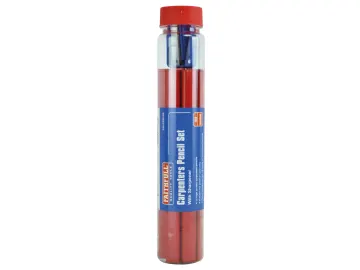 A clear plastic tube with a red cap containing red carpenter pencils and a blue sticker labeled Carpenters Pencil Set.