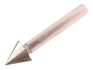 A metallic, cylindrical object with a pointed, conical tip, resembling a precision tool or drill bit, isolated on a white background.
