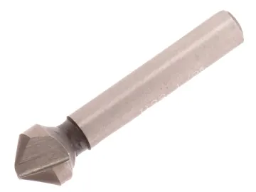 A metal countersink drill bit with a cylindrical shank and a conical, slotted cutting head, designed for creating a conical hole for flat-head screws.