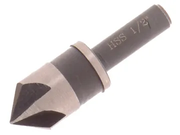 A metal countersink drill bit with a conical cutting tip and cylindrical shank, used for creating beveled edges or holes in various materials.