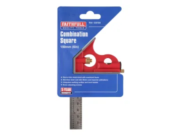 A Faithfull brand combination square in red with a 150mm (6 inch) metal ruler, packaged on a blue card displaying product details and features.