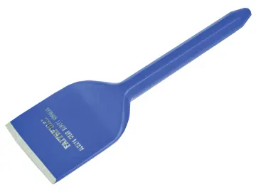 A blue plastic ice scraper with a flat, wide blade and a tapered handle designed for removing ice from car windows.