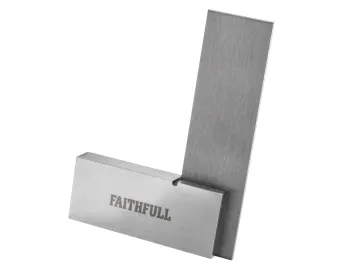 A metal engineer’s square with the word FAITHFULL engraved on the thicker base section, positioned at a right angle to the blade.