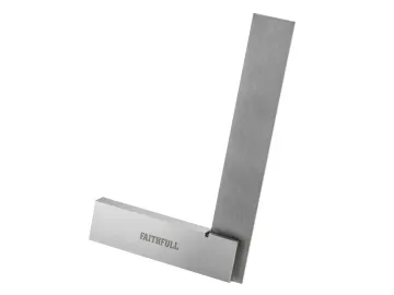 A metal engineers square with the brand name Faithfull engraved on its thick base, used for measuring right angles in woodworking or metalworking.