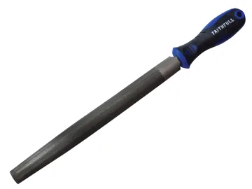 The Faithfull FAIFIHRSC10 Handled Half-Round Second Cut Engineers File 250mm (10in) features a textured surface and an ergonomic blue and black handle, perfect for smoothing or shaping materials.