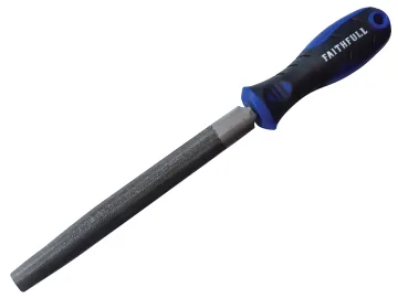 The Faithfull FAIFIHRSC10 is a 250mm (10in) half-round second cut engineers file with a textured surface for smoothing or shaping, featuring a blue and black ergonomic handle.