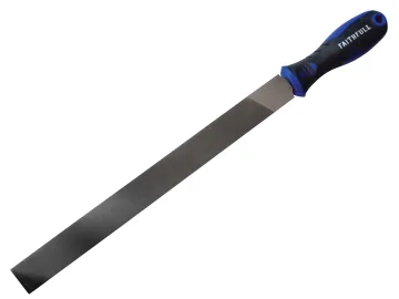 The Faithfull FAIFIHRSC10 Handled Half-Round Second Cut Engineers File 250mm (10in) features a durable steel blade and an ergonomic blue and black handle, offering comfort and precision for detailed engineering tasks.