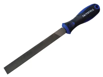The Faithfull FAIFIHRSC10 is a 250mm (10in) half-round second cut engineers file with a handled, ergonomic black and blue grip.