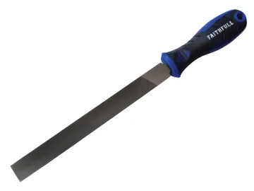 The Faithfull FAIFIHRSC10 is a 250mm (10in) handled half-round second cut engineers file with a black and blue ergonomic handle, ideal for precise shaping or smoothing tasks.