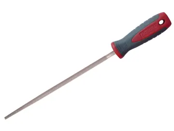The Faithfull FAIFIRSC6 is a 150mm (6in) handled round second cut engineers file with a textured cylindrical surface and a black and red ergonomic handle.