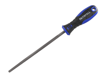 The Faithfull FAIFIRSC6 is a 150mm (6in) handled round second cut engineers file, featuring a black and blue ergonomic grip and a durable, finely textured filing surface.