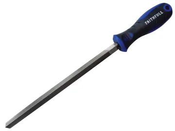The Faithfull FAIFIRSC6 Handled Round Second Cut Engineers File 150mm (6in) features a blue and black handle. Its round blade smooths or shapes materials like metal or wood, similar to those used by engineers for precise filing tasks.