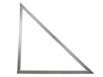A large, metal right-angle triangle ruler with bottom edge markings—ideal for drafting or drawing. Pairs well with the Faithfull FAIFPC Fluted Plugging Chisel 230 x 5mm (9 x 3/16in). The interior is open except for its thin metal frame.