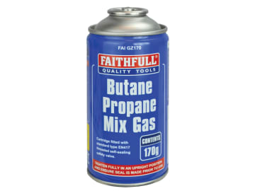 A blue canister labeled Faithfull Quality Tools Butane Propane Mix Gas, net weight 170g, with a metal top and safety information. Ideal for use with the Faithfull FAIFPC Fluted Plugging Chisel 230 x 5mm (9 x 3/16in).