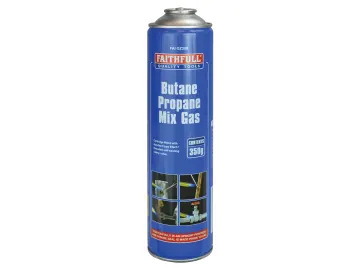 A Faithfull FAIFPC Fluted Plugging Chisel 230 x 5mm (9 x 3/16in) is shown next to a blue Butane Propane Mix Gas canister labeled Faithfull, featuring torch images near the bottom.