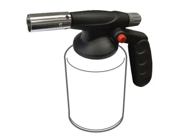 A handheld butane torch with a black ergonomic handle, red ignition button, and transparent fuel canister—compatible with accessories like the Faithfull FAIFPC Fluted Plugging Chisel 230 x 5mm (9 x 3/16in) for versatile tasks.