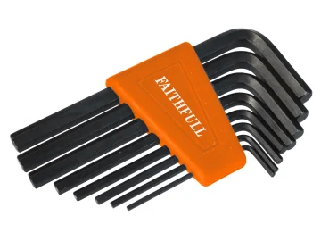 A set of black hex keys in assorted sizes, held by an orange FAITHFULL holder—ideal for use with the Faithfull FAIHC212FSC Club Hammer FSC Hickory 1.134kg (2.1/2lb) and other Faithfull tools.