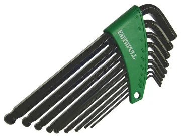 A set of black hex keys in assorted sizes, organized in a green Faithfull holder—perfect for use with the Faithfull FAIHC212FSC Club Hammer FSC Hickory 1.134kg (2.1/2lb) or other tools for versatile DIY applications.