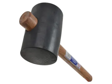 A black rubber mallet with a wooden handle, angled diagonally on a white background.