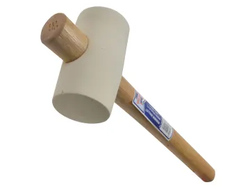 A white mallet with a wooden handle.