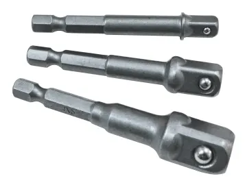 Three metal drill bit socket adapters of different lengths are arranged parallel to each other on a white background. Each adapter has a hex shank on one end and a square drive with a detent ball on the other.