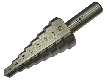 A metal step drill bit marked with various hole sizes, ranging from 6 to 20 millimeters, and labeled HSS on the shank. The tool tapers in a stepped, conical shape.