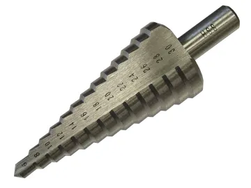 A metal step drill bit with incrementally larger steps and engraved size markings along its conical body, used for drilling holes of various diameters in sheet materials.