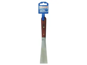 A metal putty knife with a brown wooden handle and a blue label attached to the top, displayed against a white background.