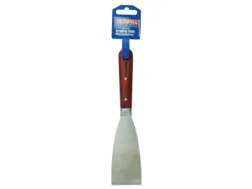 A metal putty knife with a wooden handle and a blue retail tag attached to the top, shown against a white background.