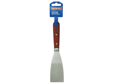The Faithfull FAIST104 Professional Stripping Knife 64mm features a wide, flat metal blade and wooden handle, shown vertically with its packaging at the top.
