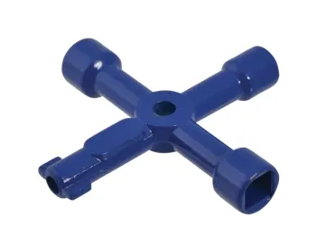 A blue, cross-shaped radiator key with four socket ends, designed for opening and closing radiator valves, similar in professional utility to the Faithfull FAIST104 Professional Stripping Knife 64mm.