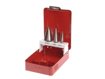 A red metal Faithfull case with the lid open displays the Faithfull FAIST104 Professional Stripping Knife 64mm mounted upright on a white holder inside the case.