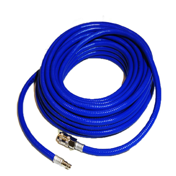 The Flexi Hose Air Line, Blue features metal connectors at both ends and is coiled for easy storage, making it ideal for air line use. Shown against a white background.