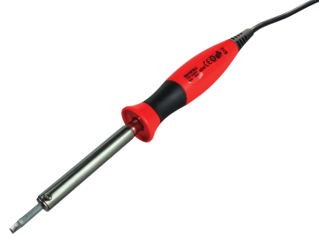 A red and black electric soldering iron with a metal tip and power cord, perfect for melting solder in electronic or metalwork tasks—great alongside the Faithfull FAIFPC Fluted Plugging Chisel 230 x 5mm (9 x 3/16in).