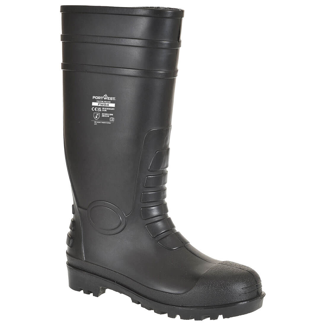 A single black Portwest FW94 Steel PVC Classic Wellington S4 FO work boot with a textured sole, reinforced toe, and safety markings on the side. The upright boot faces slightly right against a white background.