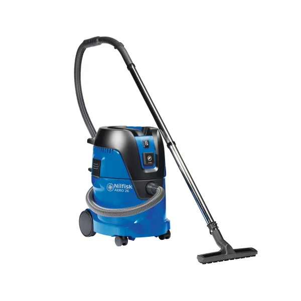 The Nilfisk Aero 26-21PC Wet & Dry Vacuum 1250W 240V offers a blue and black design, long hose, flat floor nozzle, wheels, and top handle—perfect for both wet and dry cleaning tasks.