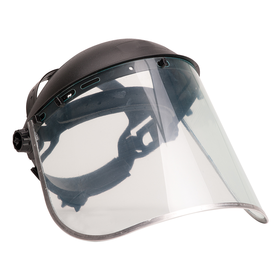 The Portwest PW96 Face Shield Plus, Clear, offers full-face protection with its clear visor and black adjustable headband—ideal for a variety of tasks.