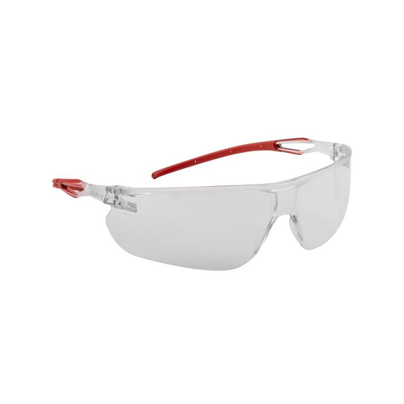 Clear safety glasses with a frameless design and red temple arms, displayed on a white background.