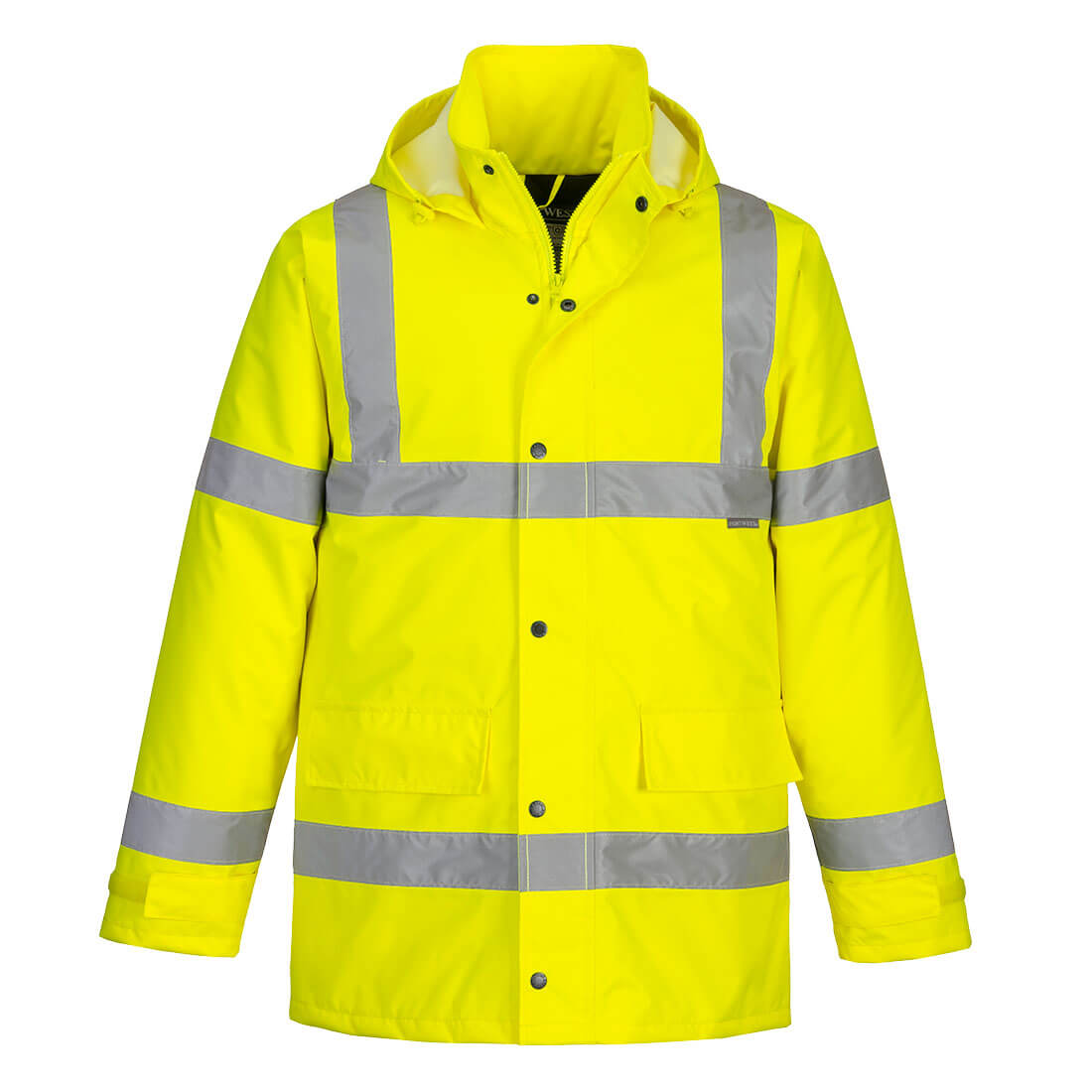 The Portwest S460 Hi-Vis Yellow Winter Traffic Jacket features reflective silver stripes, a hood, and front pockets—ideal for maximum visibility and safety during winter conditions.