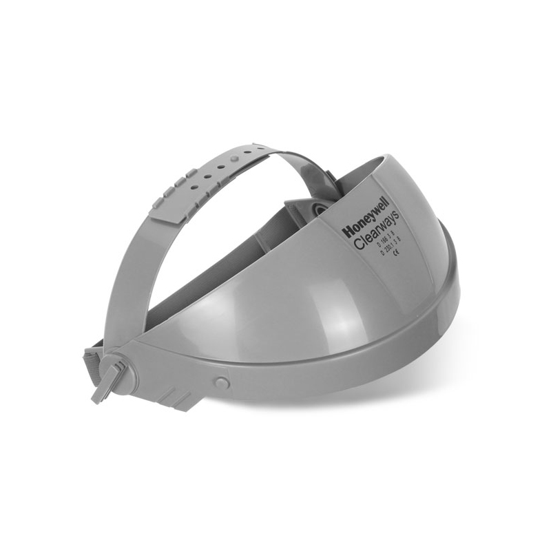 Gray Honeywell Clearways headgear with an adjustable strap, designed to hold a face shield for protective use. The product is shown from a side angle against a white background.