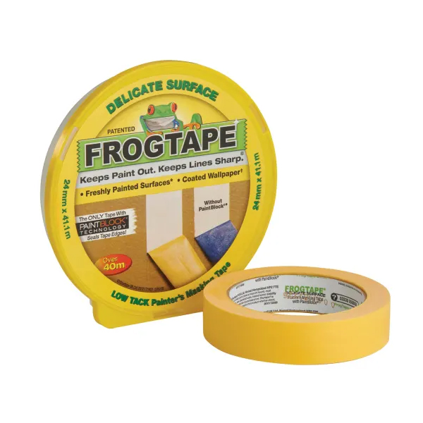 A roll of FrogTape® Delicate Surface Masking Tape 24mm x 41.1m is shown in round plastic packaging, labeled for low tack and featuring images of taped edges on painted surfaces. The tape is yellow.
