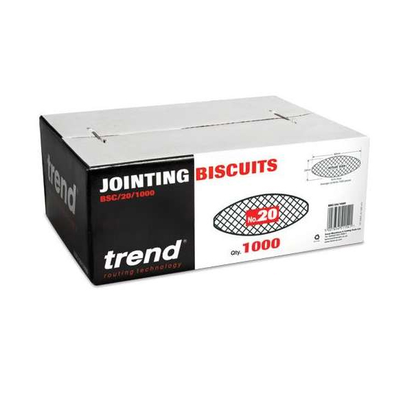 A white and black box labeled Trend BSC/20/1000 Biscuit No 20, Box Of 1,000 contains 1,000 woodworking biscuits and displays a diagram of Biscuit No 20 with product details. Box of 1 included.