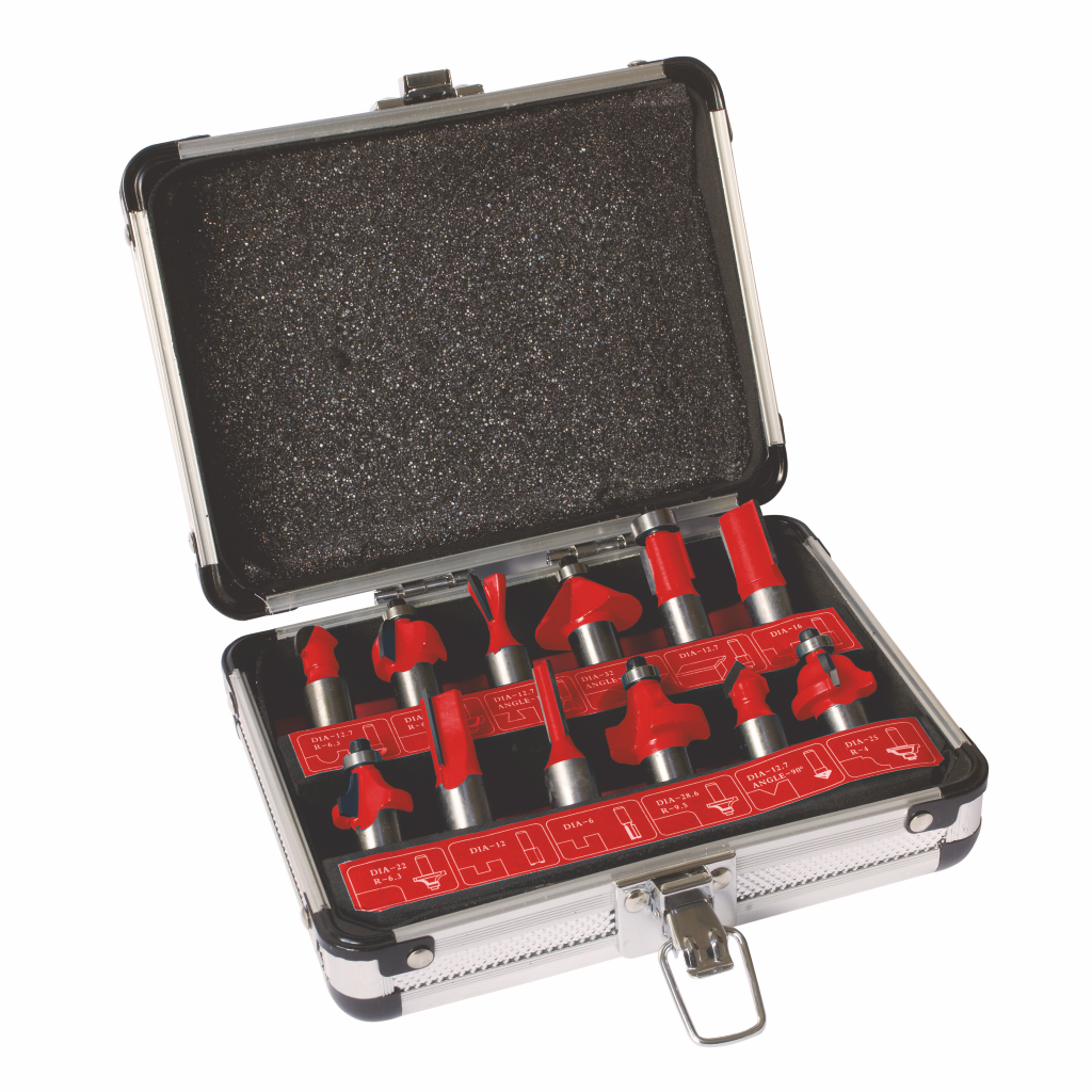 The DART 12 Piece 1/2 Router Cutter Set comes in an open metal case with foam padding, featuring red and silver cutters arranged in two labeled rows and secured by a silver latch at the front.