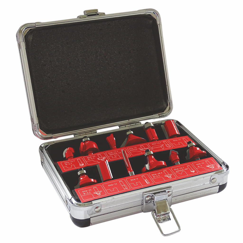 The DART 12 Piece 1/4 Router Cutter Set comes in a metal case with foam lining, each red bit secured in a labeled slot. The open case displays the organized router bits inside.