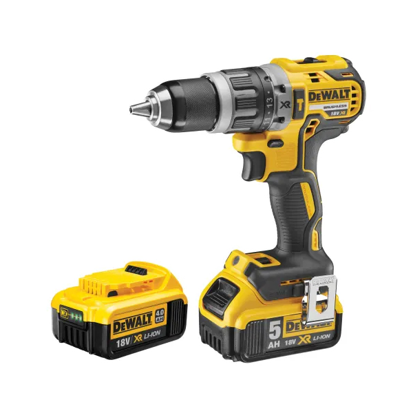 A yellow and black DeWalt cordless drill with a textured grip and metallic chuck is shown next to a DeWalt DCB183 XR Slide Battery Pack 18V 2.0Ah Li-ion, both displaying voltage and amp-hour details on their labels.