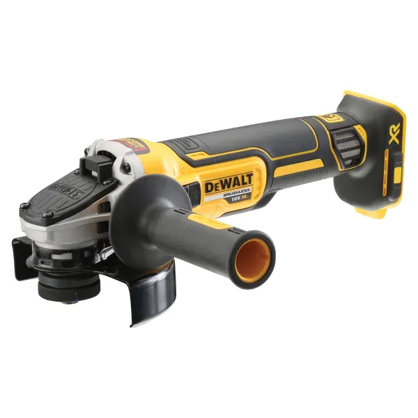 A DeWalt cordless angle grinder with a yellow and black design, side handle, exposed grinding disc, and DeWalt logo is powered by an 18V XR Slide Battery Pack such as the 2.0Ah Li-ion DeWalt DCB183.